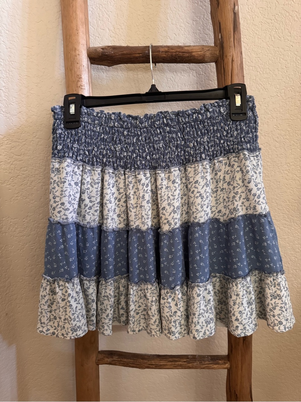 American Eagle Outfitters Blue and White Tiered Smocked Skirt
